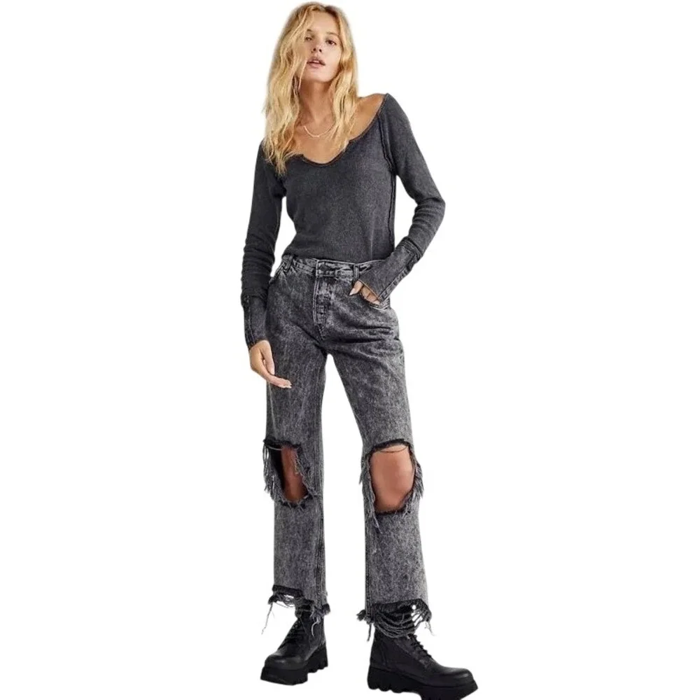 Free People We The Free Tinsley High Rise Straight Distressed Jeans Black 28